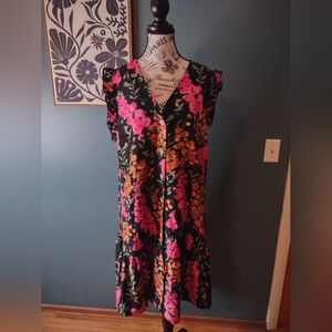Floral Midi Dress with Pink and Orange Accents